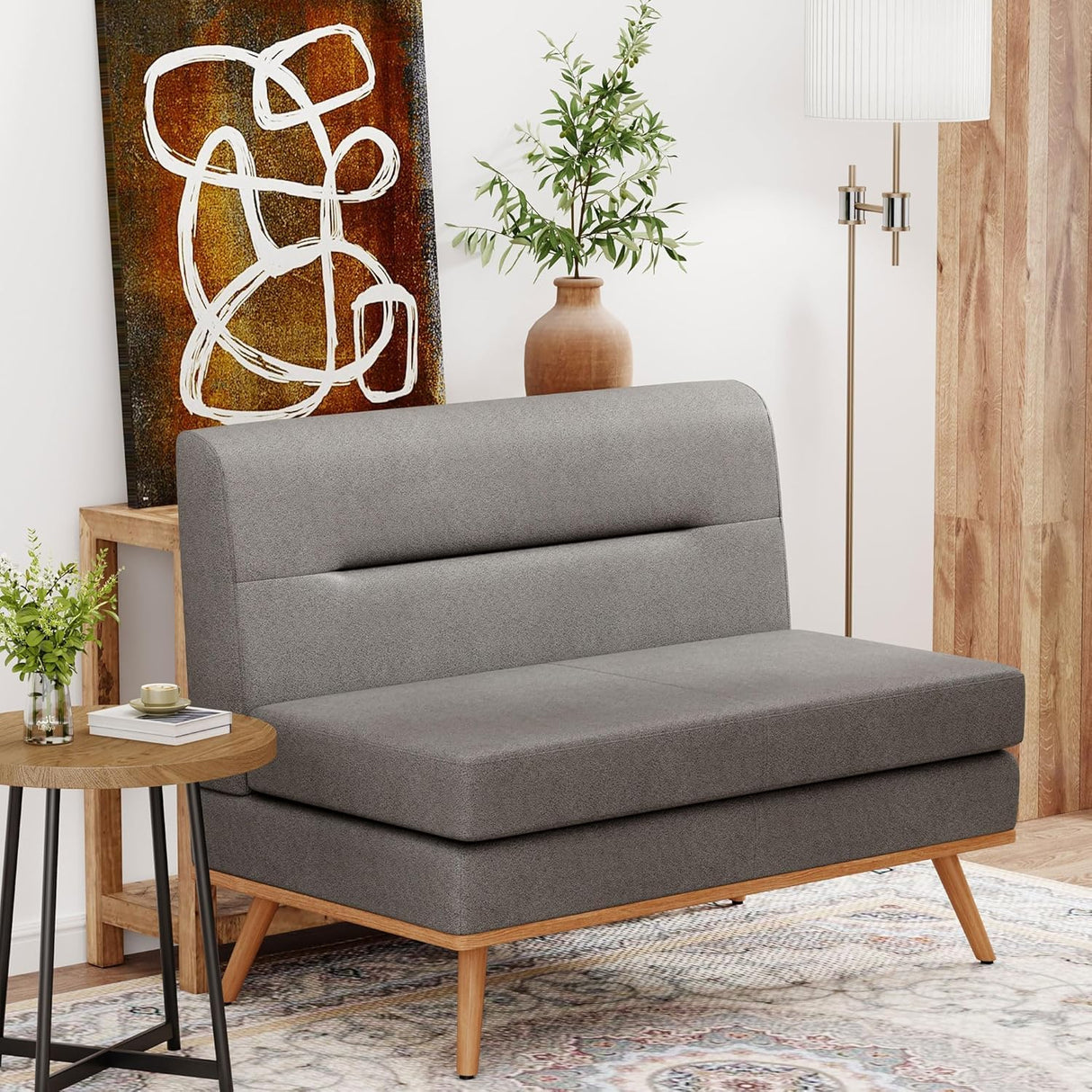 Aklaus Upholstered Small loveseat,Faux Leather Modern Mini Sofa Couch Love Seat Armless Settee Bench with Back for Living Room Bedroom Office Small Space Entryway Grey Aklaus