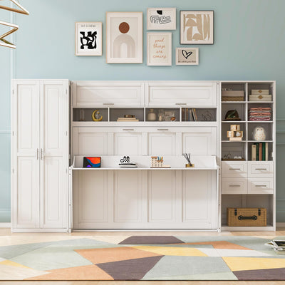 SOFTSEA Full Size Murphy Bed with Desk, Horizontal Murphy Bed with Storage Wardrobe Drawers and Shelves, Hidden Wall Bedframe for Guest Room, Bedroom, Office, White