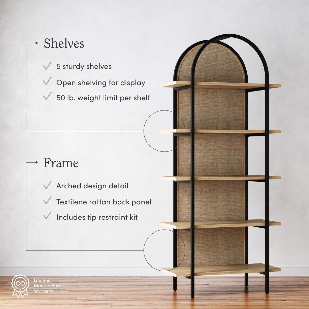 Nathan James Amara Bohemian 5-Shelf Etagere Bookcase, Rattan Open Bookshelf with Arch Top, Light Oak/Matte Black Nathan James