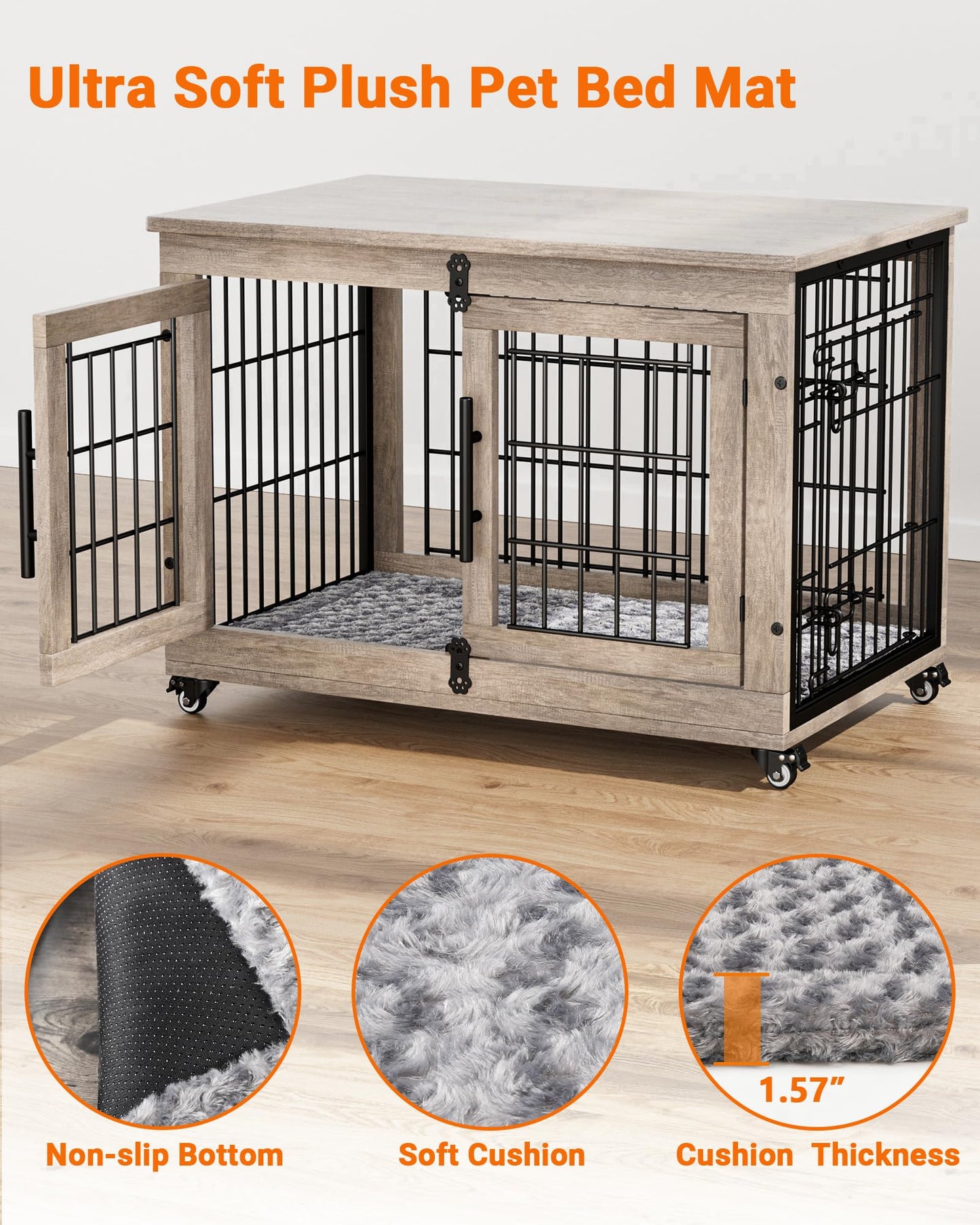 YaFiti Dog Crate Furniture with Cushion, Wooden Dog Kennel with Double Doors, Heavy Duty Dog Cage End Table with Wheels, Dog House Indoor for Small Medium Dogs up to 45 lb, 32.5” L, Grey - WoodArtSupply