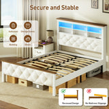 RALGEND Farmhouse Full Size Bed Frame with 51.2" Tall Storage Headboard, Upholstered Platform Bed Frame with Bookcase Headboard and LED Light, No Box Spring Needed, White and Walnut RALGEND