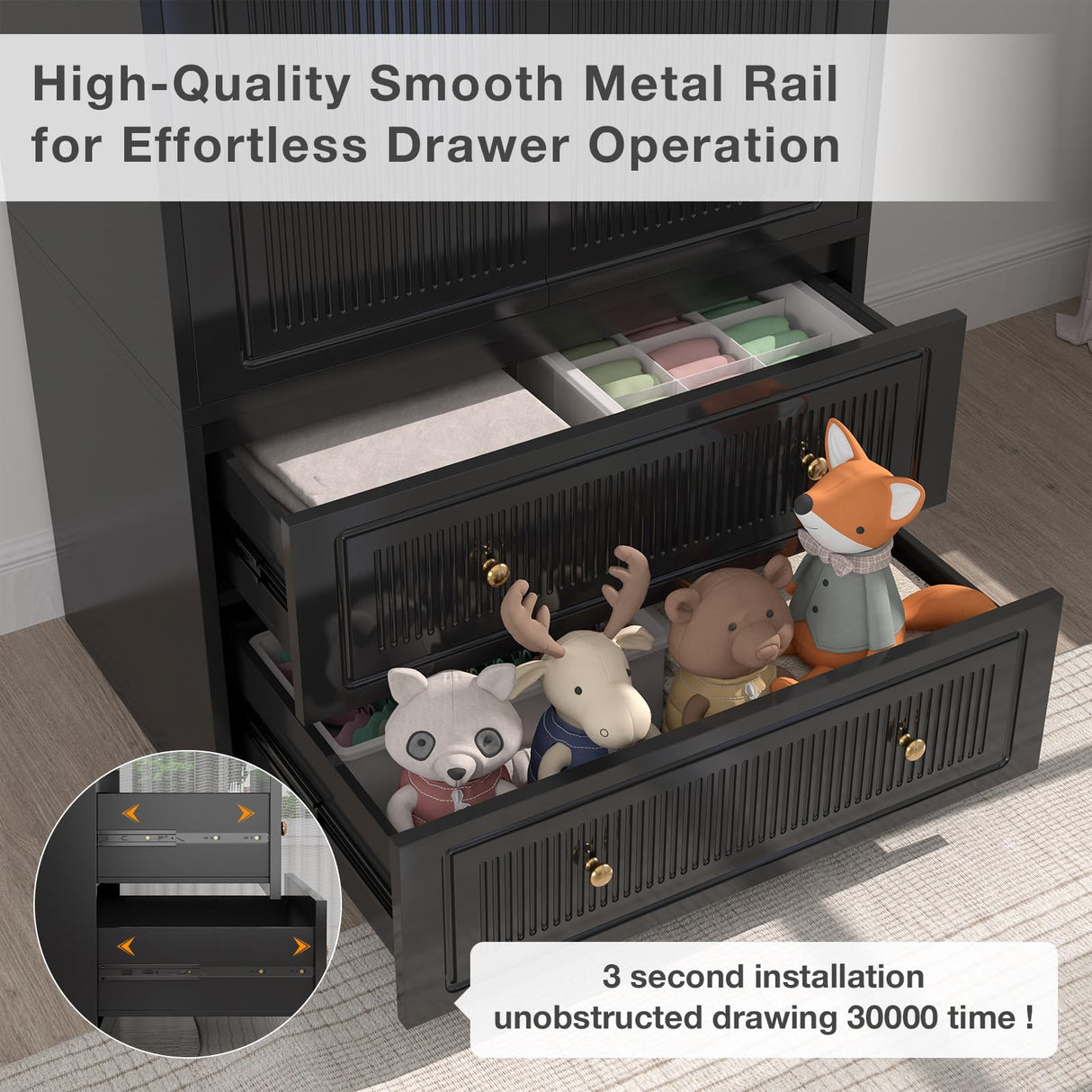 Wardrobe Closet with 2 Door & 2 Drawers, 71" Black Bedroom Wooden Armoire with Hanging Rod, Freestanding Large Capacity Clothing Wardrobe Cabinet w/Gold Handles for Bedroom Buenhomino