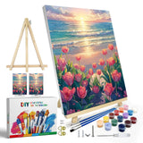 JOOZ Paint by Numbers Kit for Adults with Frame, Flowers Paint by Numbers for Adults, Seaside Sunset Paint by Number with Easel, DIY Tulip Oil Painting Kit for Home Wall Decor 8 x 12 Inch JOOZ