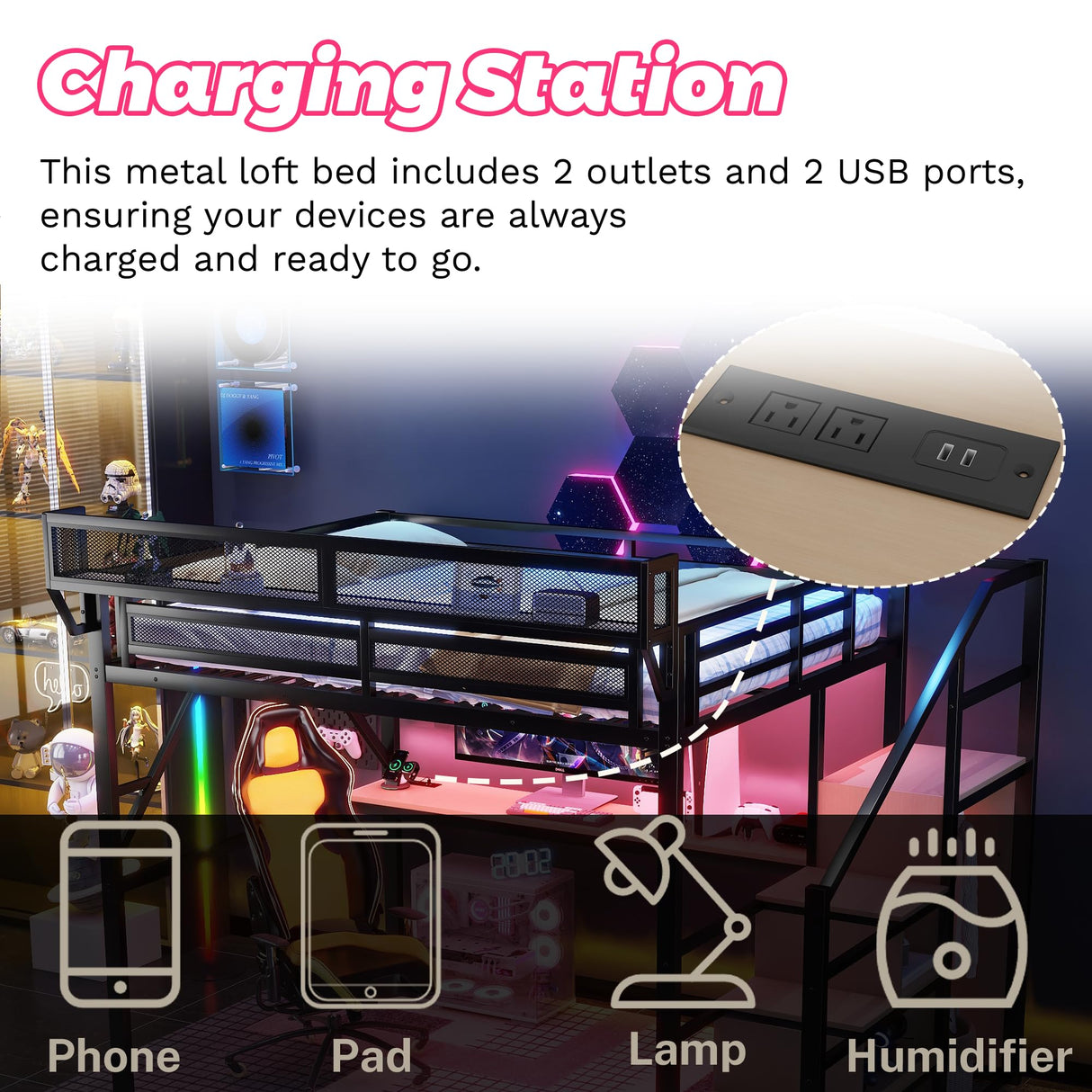 Metal Loft Bed with Desk and RGB LED Lights, Queen Size Loft Bed with Stairs and Charging Station,Adult Loft Beds with Storage Shelves for Upper and Wardrobe,Loft Beds Frame for Kids Teens, Black Duxelifin