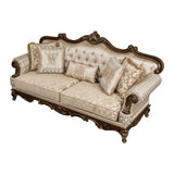 Lexicon Traditional Sofa Couch for Living Room, Rolled Arm Sofa with 5 Accent Pillows, Tufting, Queen Legs in Cherry Finish with Gold Tipping, Upholstered Living Room Furniture, 3 Seater Couch, Brown Lexicon