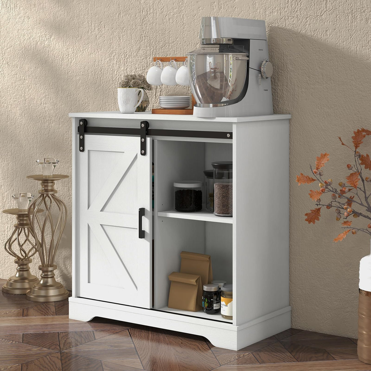 Panana Sliding Barn Door Buffet Sideboard Storage Cabinet Coffee Bar Kitchen Farmhouse Style (White) Panana