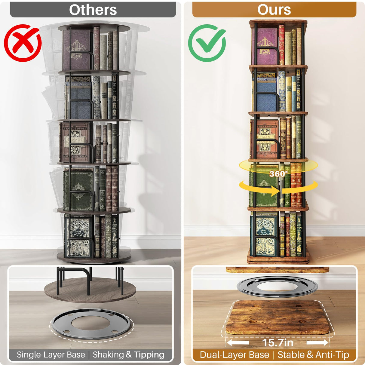 Branwick Rotating Bookshelf 5 Tier 360° Accessibility, Revolving Bookcase Spinning Bookshelf Tower, Wood Narrow Space Saving Book Shelf Organizer for Bedroom, Living Room, Study Room Branwick