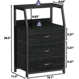 Furnulem Black Night Stand, Small Dresser for Bedroom, Nightstand with 3 Fabric Storage Drawers and 2-Tier Shelf, End Table Side Furniture for Closet, Hallway, Nursery, Sturdy Steel Frame, Wood Top Furnulem