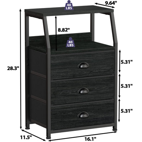 Furnulem Black Night Stand, Small Dresser for Bedroom, Nightstand with 3 Fabric Storage Drawers and 2-Tier Shelf, End Table Side Furniture for Closet, Hallway, Nursery, Sturdy Steel Frame, Wood Top Furnulem