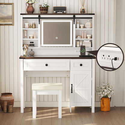 Semiocthome Farmhouse Makeup Vanity with Power Outlet 42"W Glass Top Vanity Desk with Sliding Mirror and Lights White Vanity Table with Adjustable Shelves and Side Cabinet Girls Vanity Set fo - WoodArtSupply