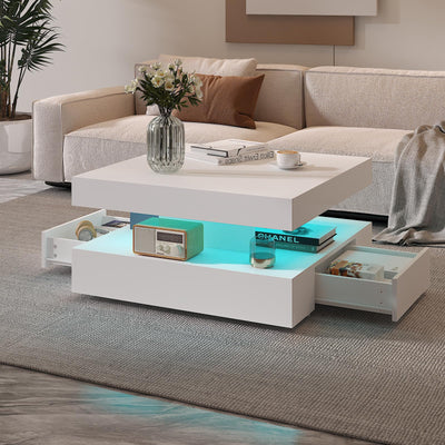 White LED Coffee Table with 2 Storage Drawers for Living Room Square Center Middle Table Modern Cocktail Table with Light 2-Tier Tea Tables Contemporary Mid Century Wood Home Office Waiting Room