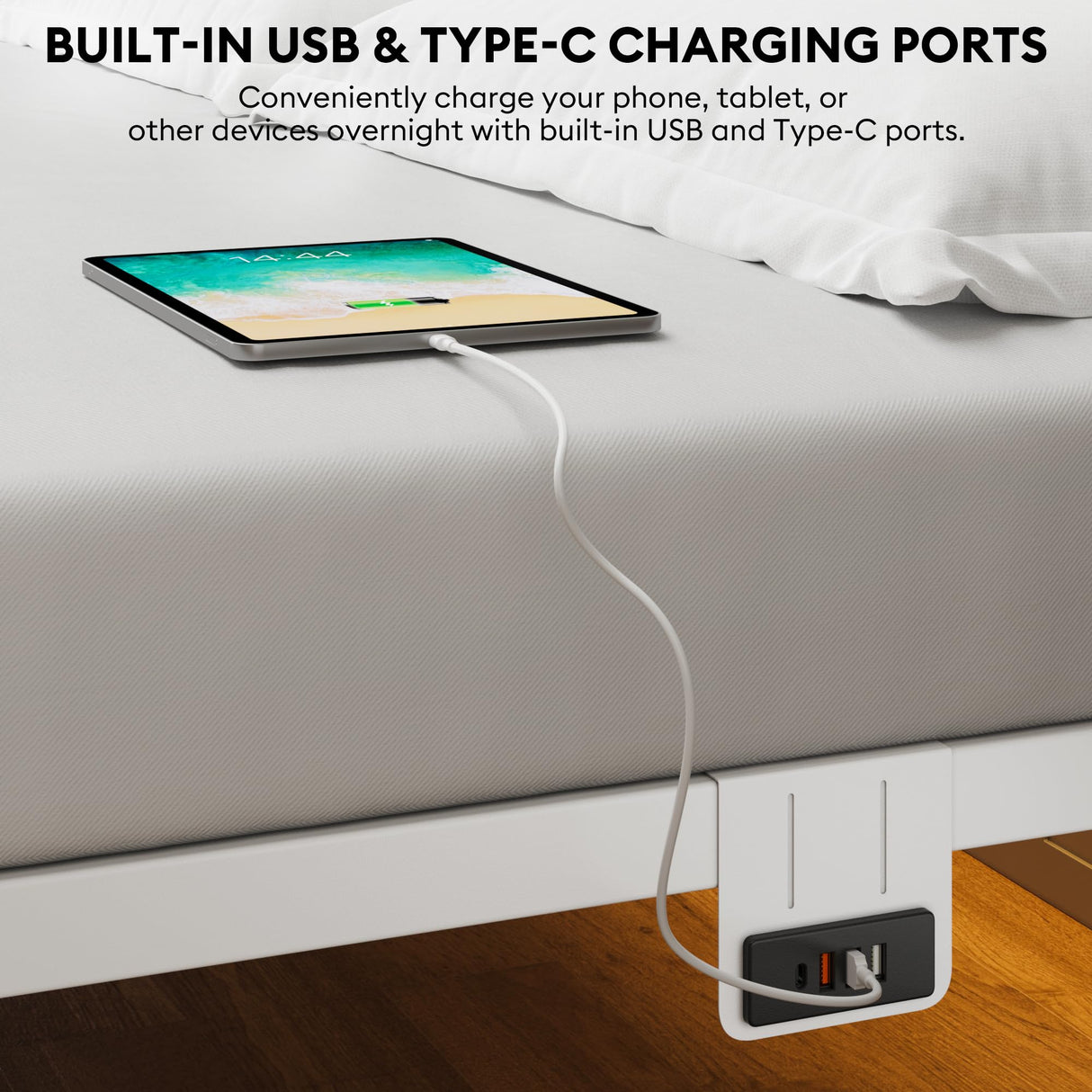 King Size Bed Frame with Headboard - Metal Platform Bed with LED Lights, Charging Station, Under Bed Storage and Heavy Duty Steel Slats Support - No Box Spring Needed, Easy Assembly, White BedNZZZ