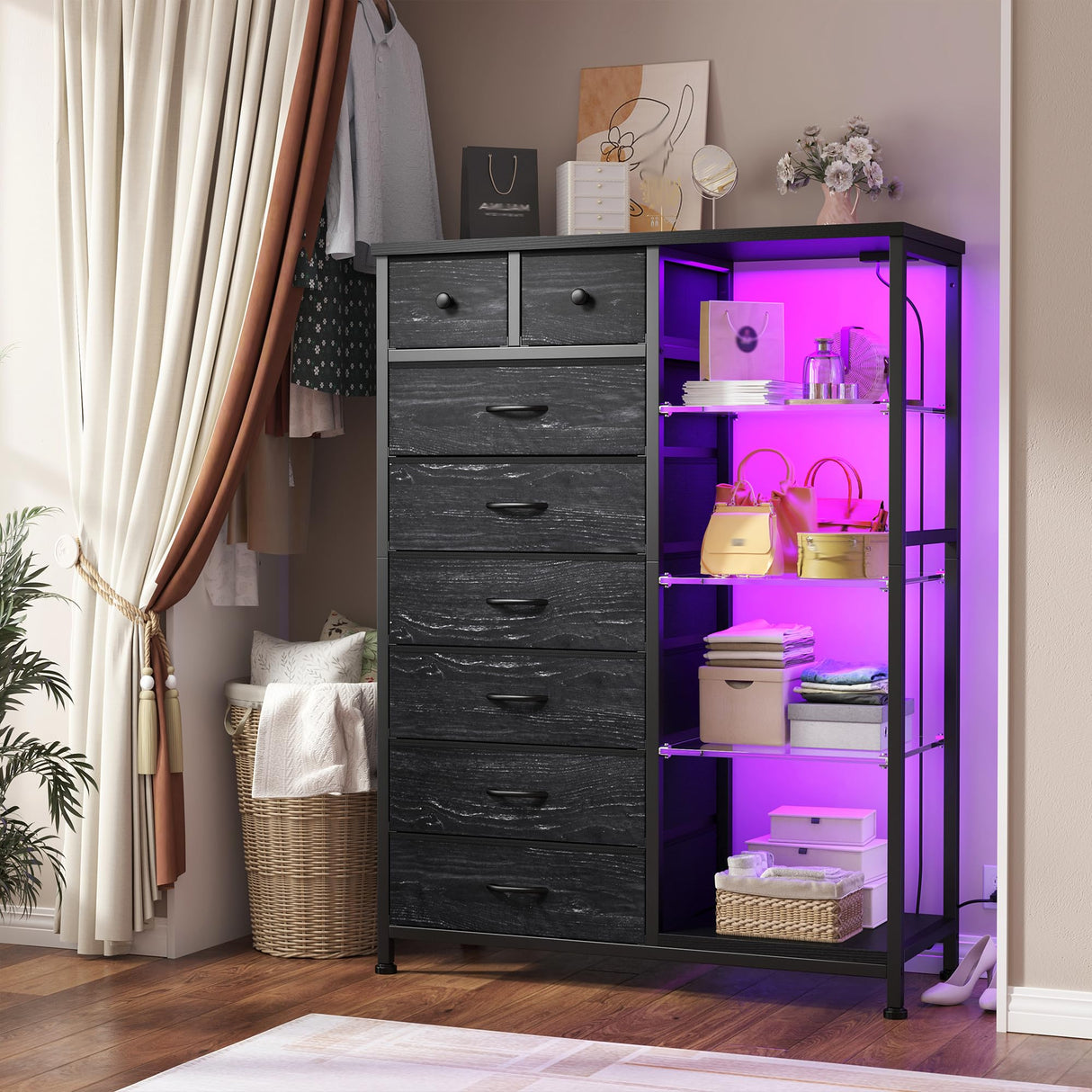 EnHomee 54" H Dresser for Bedroom with LED Lights & Power Outlets Dresser with 8 Drawers Fabric Dressers & Chests of Drawers for Bedroom, Sturdy Metal Frame, Acrylic Plates (Charcoal Black) EnHomee