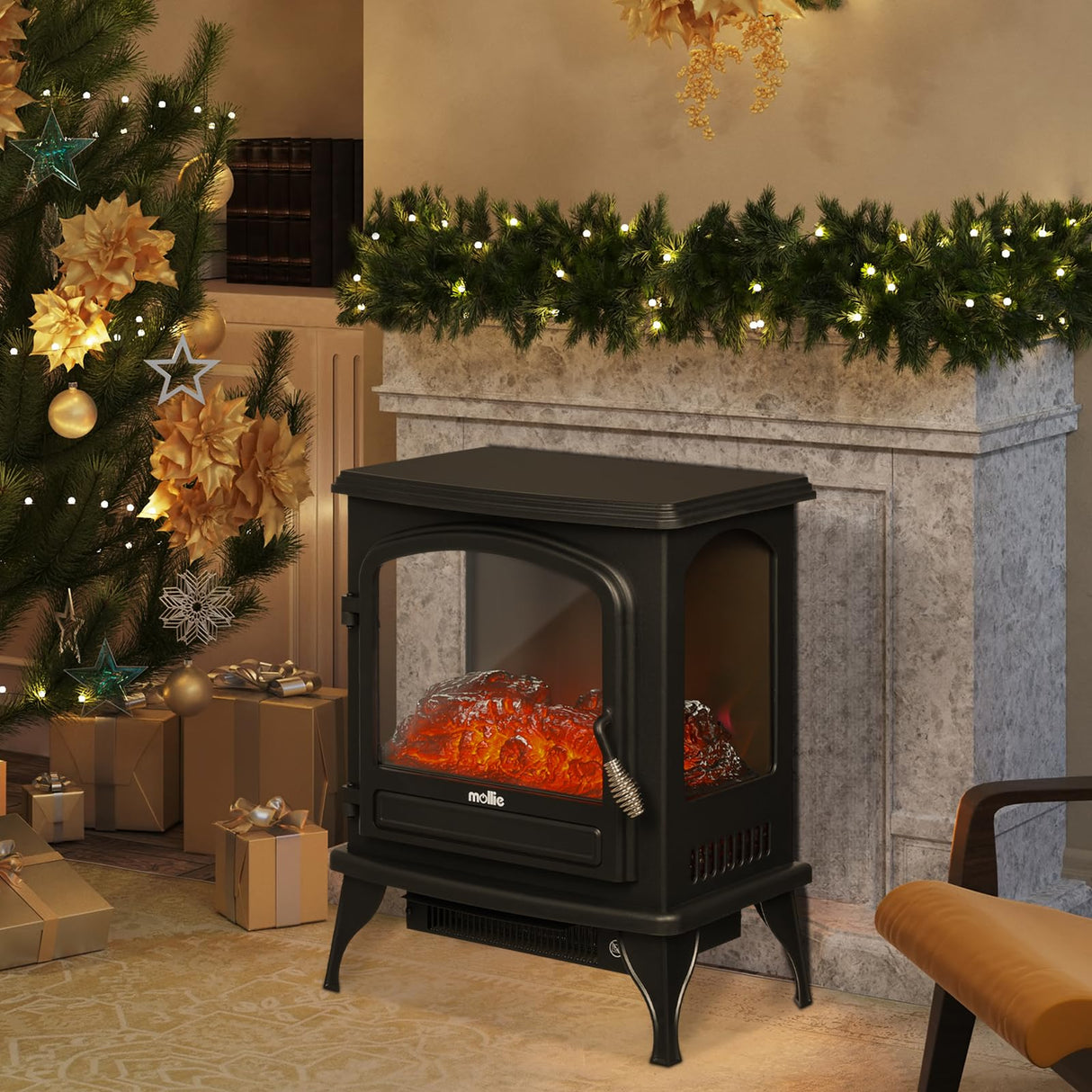 mollie 21-Inch Electric Fireplace Stove 1500W Portable Indoor Freestanding Fireplace Heater with Flame Effect and Adjustable Temperature, Overheating Protection (Black) mollie