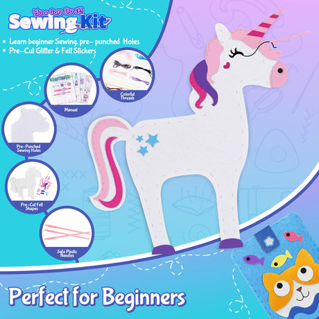 Play Brainy 7 in 1 Sewing Kits for Kids 8-12 - 14 Piece Sewing Kit for Beginners, Creative Arts & Crafts Kids Activity - DIY Make Your Own Pencil Case, Unicorn, & More - Play & Learn Sewing Kit Kids Play Brainy
