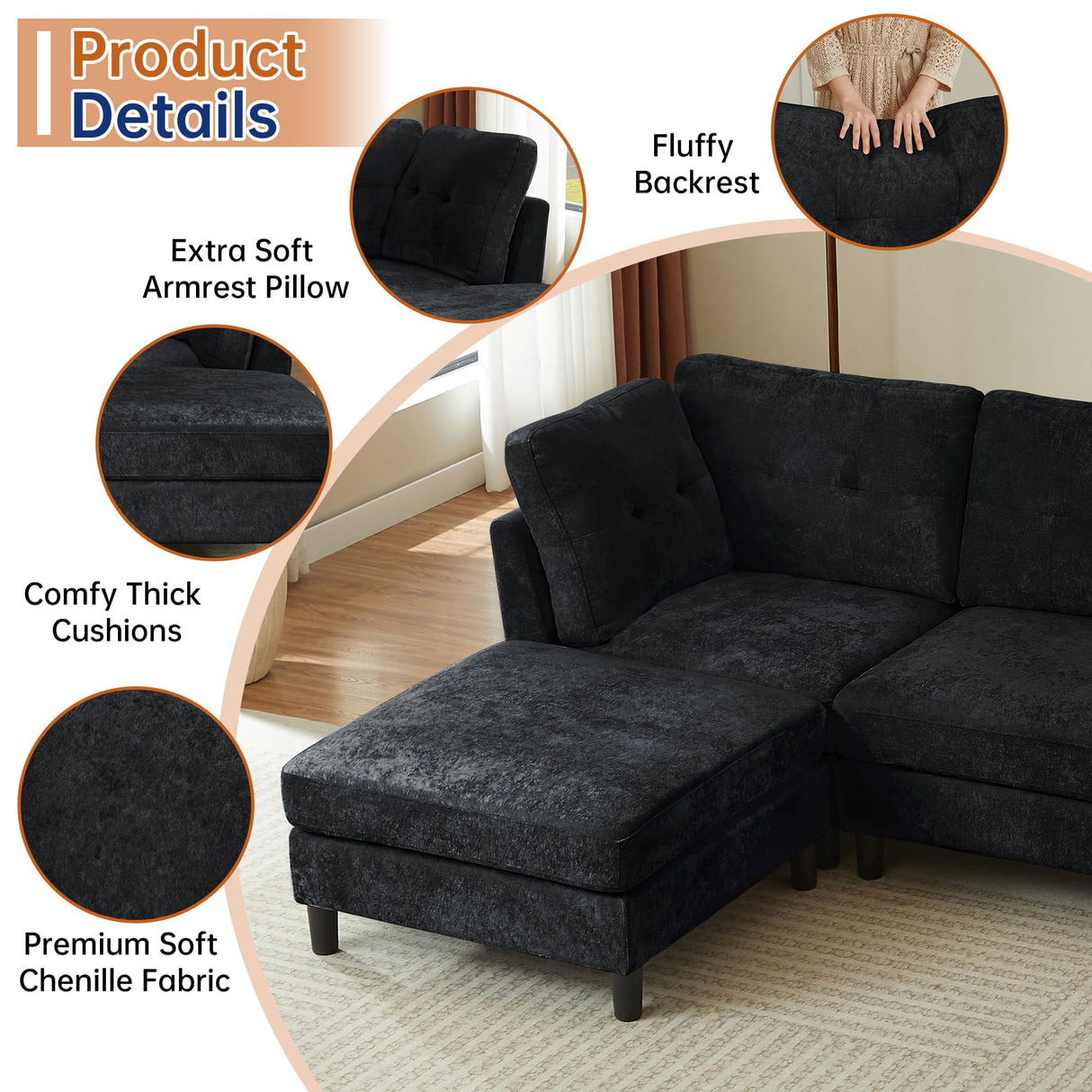 Portaforta 100" Oversized Sectional Couches for Living Room, Modular Sectional Sofa Couch, Modern Linen L Shaped Couch, 4 Seater Convertible Sofa for Living Room Apartment Office, Black Portaforta