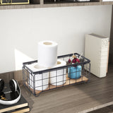 Metal Wire Storage Basket, Toilet Paper Roll Holder Wood Base Countertop Decor Box Toilet Tank Shelf Cabinet Organizer for Bathroom Pantry Garage Bedroom Livingroom - Black TIEYIPIN
