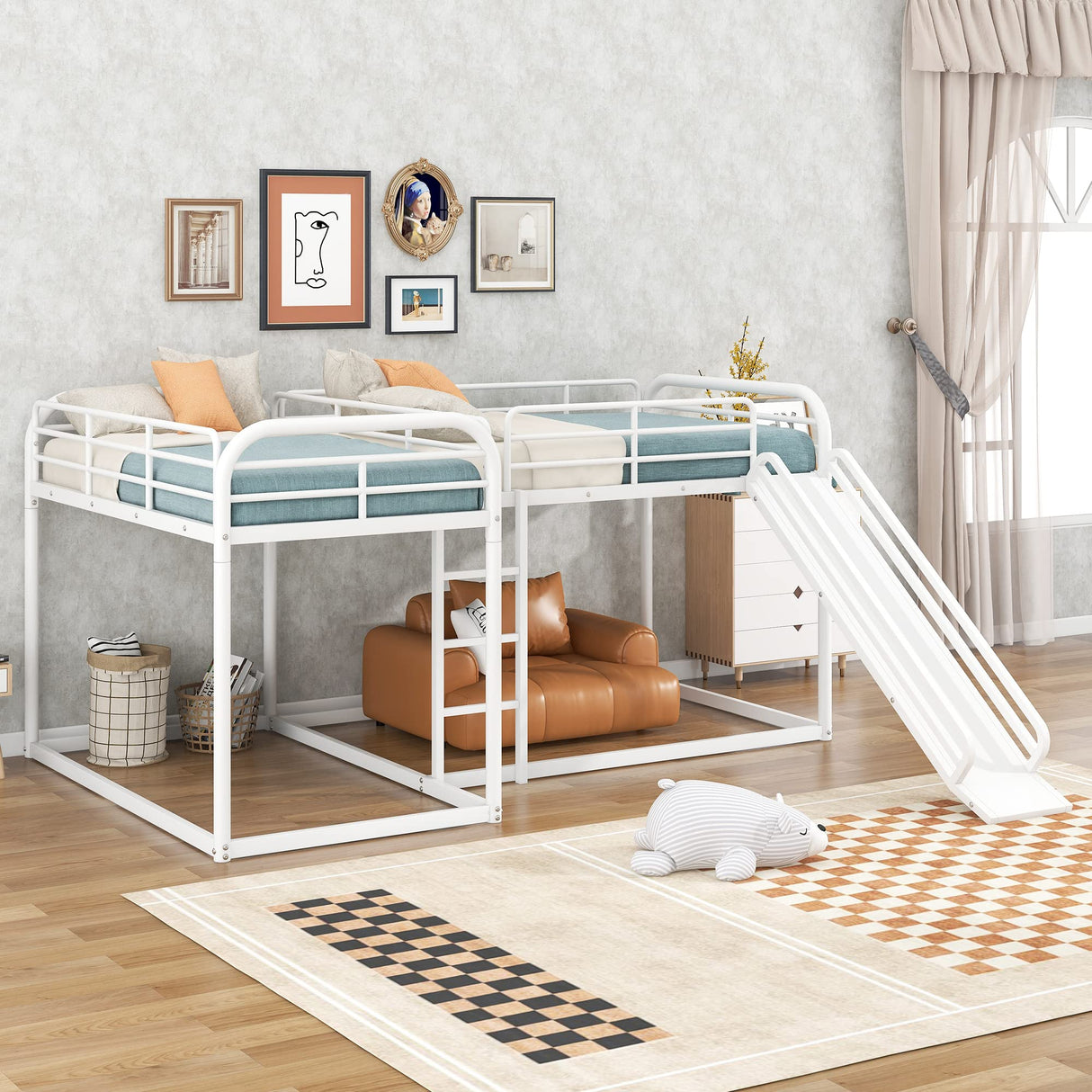 Bellemave L-Shape Bunk Beds with Slide, Quad Bunk Bed for 4, Metal Twin Size Bunk Bed Attached with Full Size Bunk Bed Frame, Modern Corner Bunked for Multi-Kids Boys Girls Teens (White) Bellemave