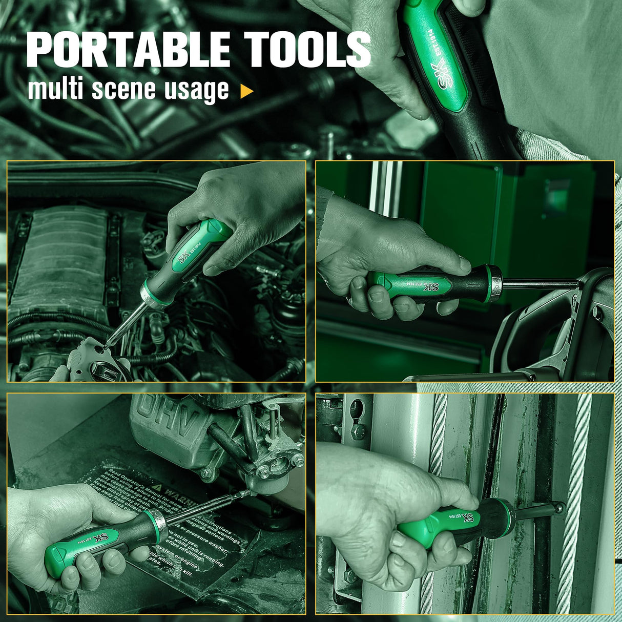 SK 7-in-1 Ratcheting Screwdriver, 216-P, 6 Bits (Phillips, Star, Slotted), 1 Nut Driver Size (1/4 Inch), S2 Steel, SureGrip Handle SK