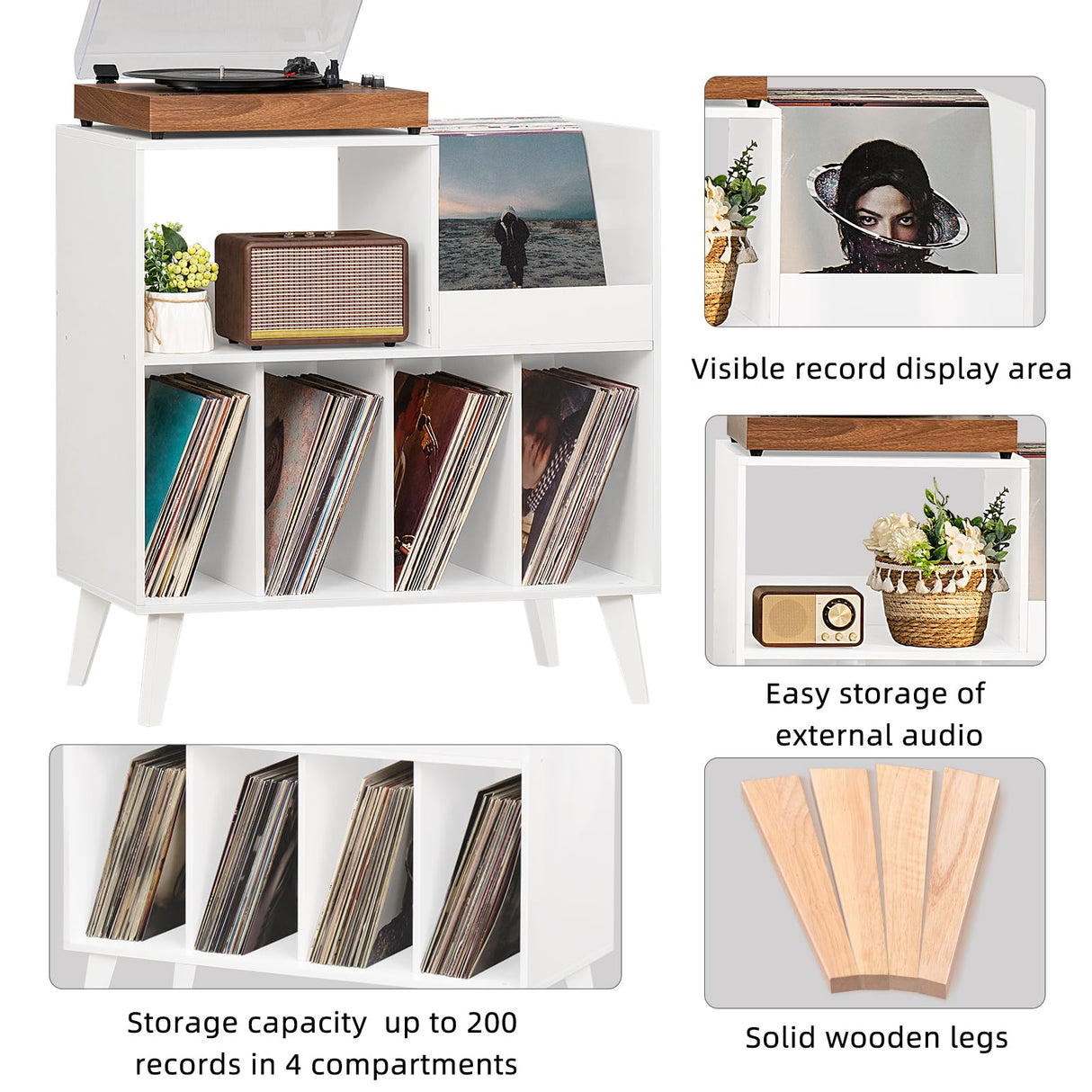 LELELINKY Large Record Player Stand, Turntable Stand with Storage, Vinyl Record Holder with Display Area, Record Player Table Holds Up to 300 Albums, Record Stand for Music room Living Room-White LELELINKY
