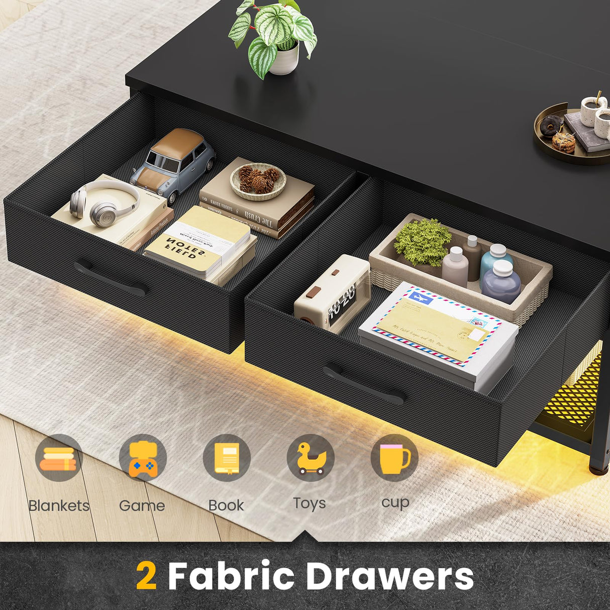 Itaar 31.5" Lift Top Coffee Table with Storage, Square Coffee Tables for Living Room, Coffee Table with 2 Fabric Drawers & Large Storage Shelvs, Black Itaar