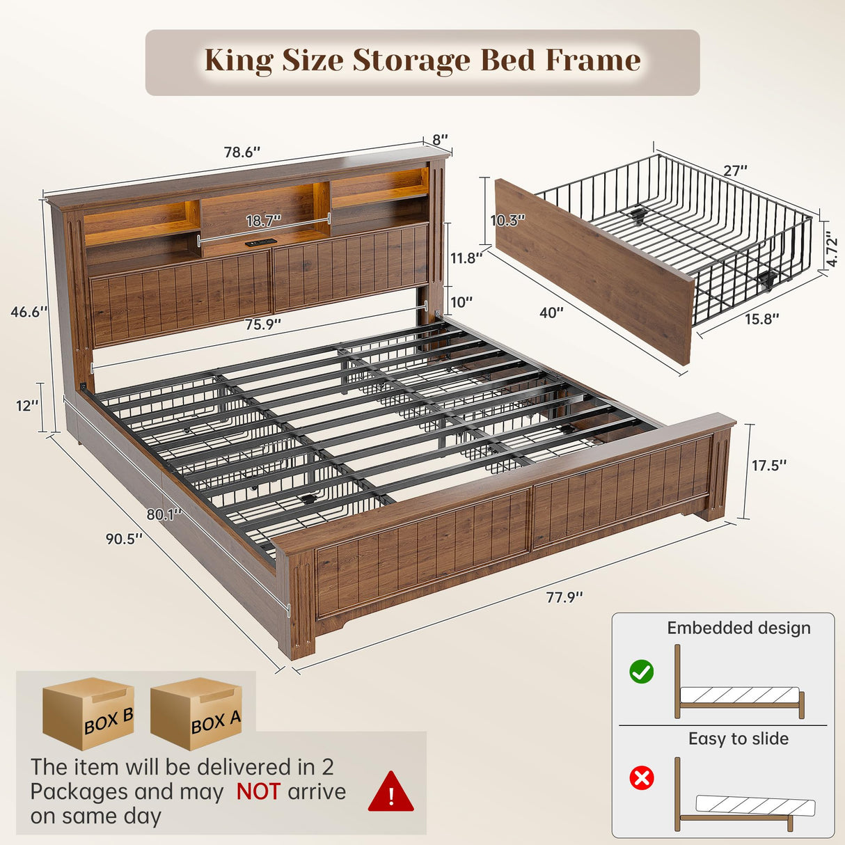 EnHomee King Size Bed Frame and Headboard & Storage, 4 Drawers & LED & USB King Bed Frame with Storage Farmhouse, Built in Charging Station,NO Noise,No Box Spring Needed,Brown EnHomee