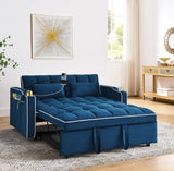 Foldable Sofa Bed with USB Charging Ports, Pull Out Velvet Loveseat Sleeper with Phone Holder, Modern Futon Couch with Cup Holders & Adjustable Backrest for Living Room, Blue Merax
