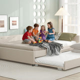 KT Rolster Queen Size Daybed with Storage and USB, Modern Cloud Bed Frame with Twin Size Trundle, Linen Upholstered Platform Bed, Queen Corner Daybed for Bedroom, No Box Spring Required, Beige KT Rolster