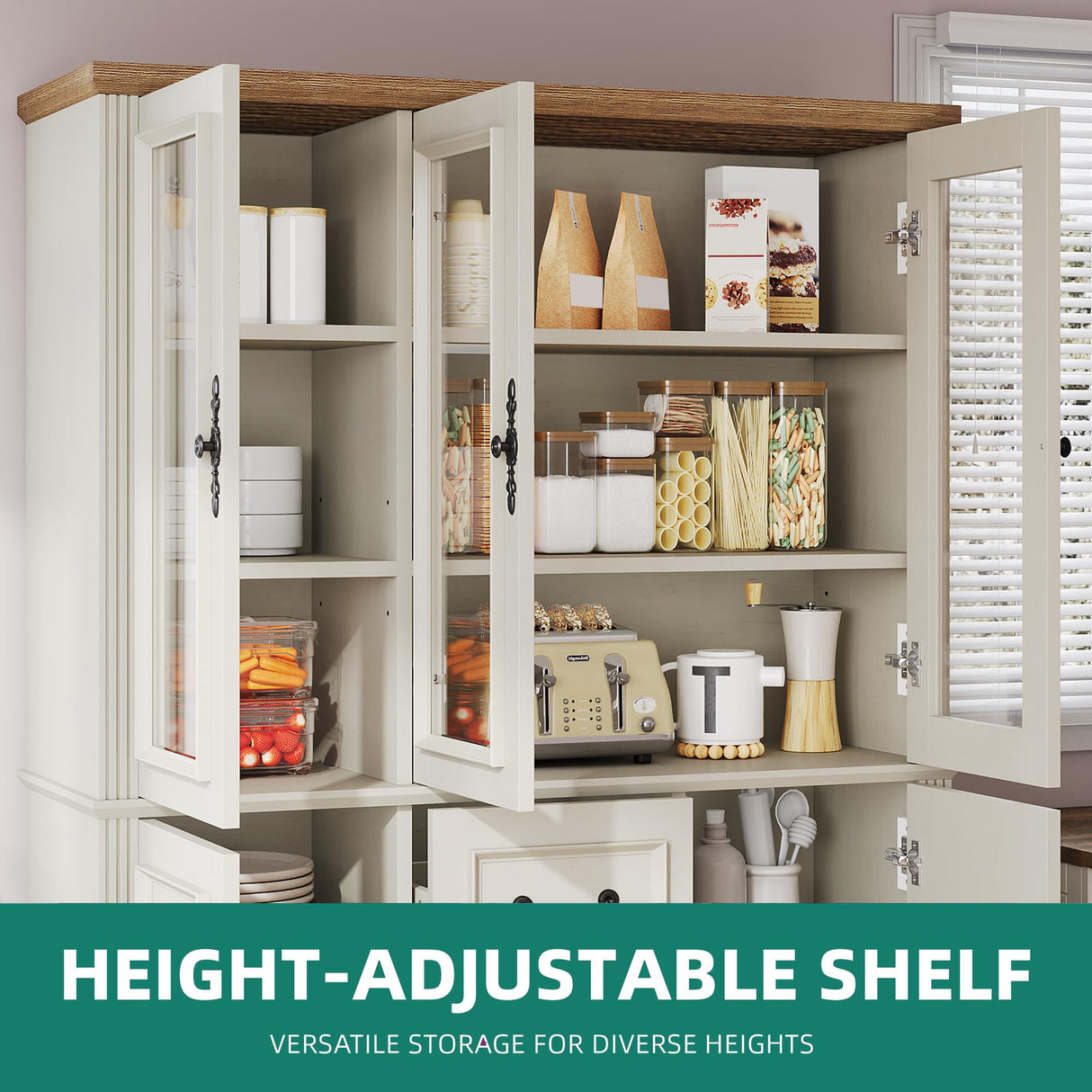 YITAHOME 71" H x 47" W Kitchen Pantry with 3 Drawers, Large Storage Cabinet with 3 Glass Doors & Adjustable Shelves, Freestanding Tall Display China Cabinet for Living & Dining Room, White YITAHOME