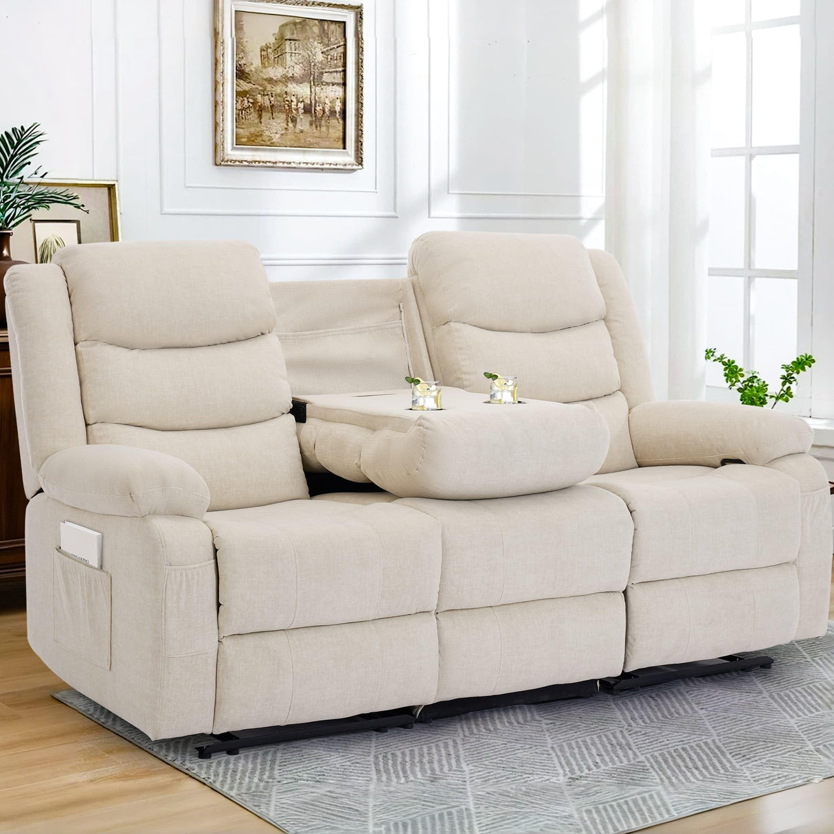 Korser Recliner Sofa, Recliner Loveseat with Console, Oversized Recling Couch with Pull-Down Table, 3-Seater Sofa with Cup Holders and Recessed Power Strip, Beige Korser