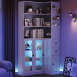 IRONCK Corner Bookshelf with LED Lights, 78.7" Tall Corner Bookshelves with 2 Drawers & Transparent Doors, 7 Tiers L-Shaped Bookcase with Open Shelves and Pegboards for Living Room, Home Office, White IRONCK