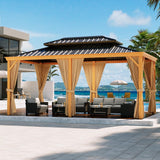 GAOMON 12x20ft Gazebo, Hardtop Outdoor Metal Roof Sun Shade Tent with Netting and Curtains, Permanent Wood Grain Galvanized Iron Aluminum Frame Garden Canopy for Patio, Backyard, Deck, Lawns GAOMON