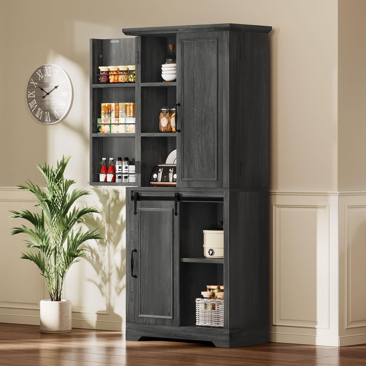 YITAHOME Pantry Cabinet, 71-Inch Tall Freestanding Storage Cabinet with 4 Drawers, Farmhouse Cupboard with Doors Storage, Adjustable Shelves, for Living Room, Dining Room, Gray Oak YITAHOME