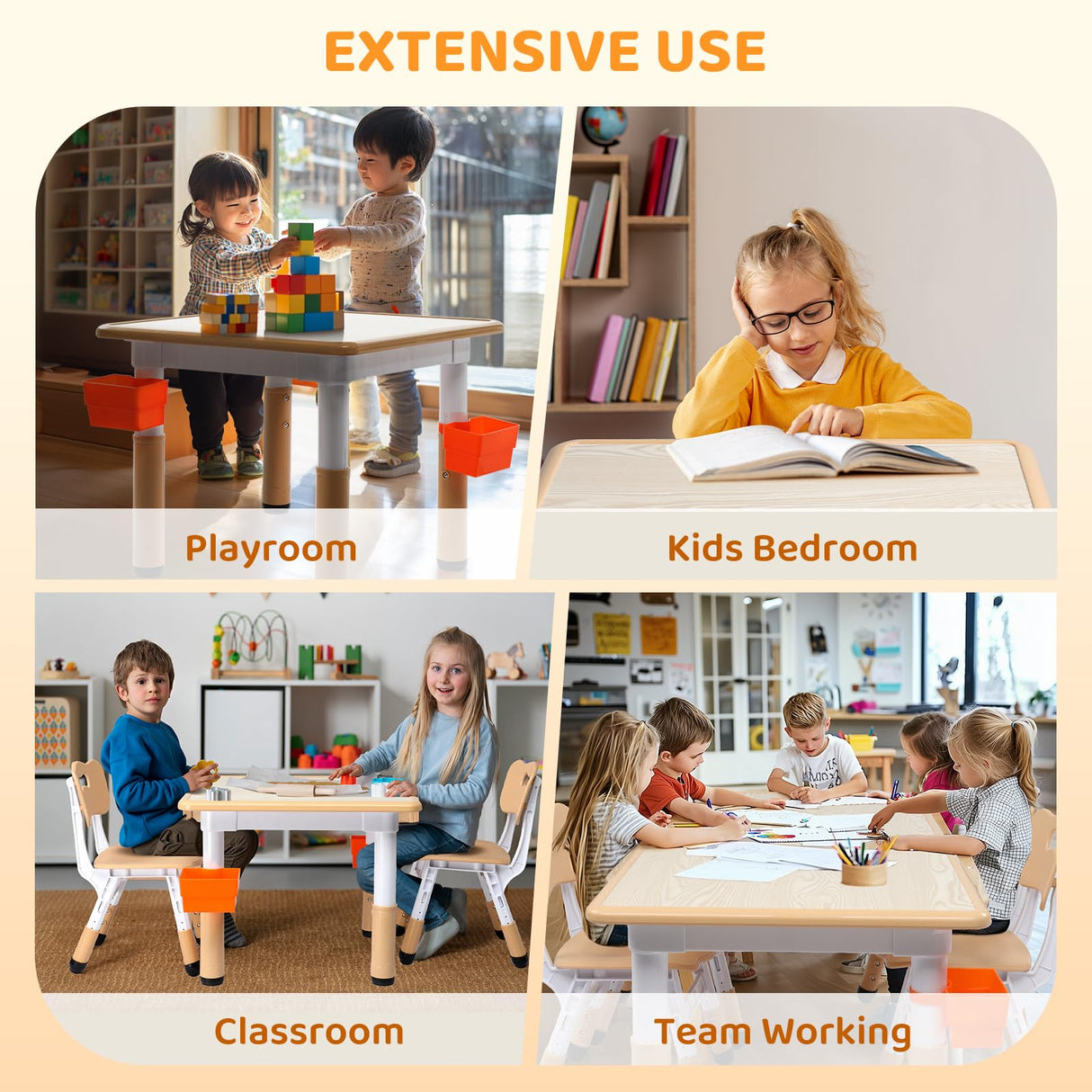 JOYMOR Height-Adjustable Kids Table and Chair Set w/ 2 Pen Boxes(2 Chairs Included), Activity Table and Chairs for Kids 2-5 Suitable for Crafts and Study w/Anti-Slip Chair Legs (Beige) JOYMOR