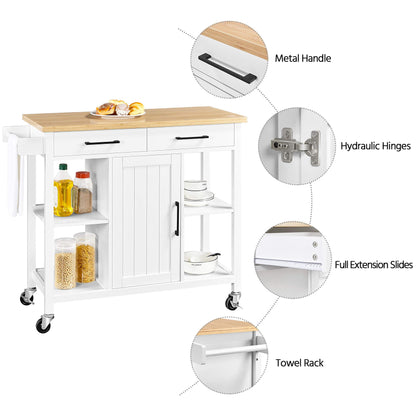 Yaheetech Kitchen Island Cart with Bamboo Countertop, Rolling Kitchen Storage Trolley with 2 Drawers and Adjustable Shelves, Compartment Cabinets and Towel Bar, 38.5x18x36 Inches, White - WoodArtSupply