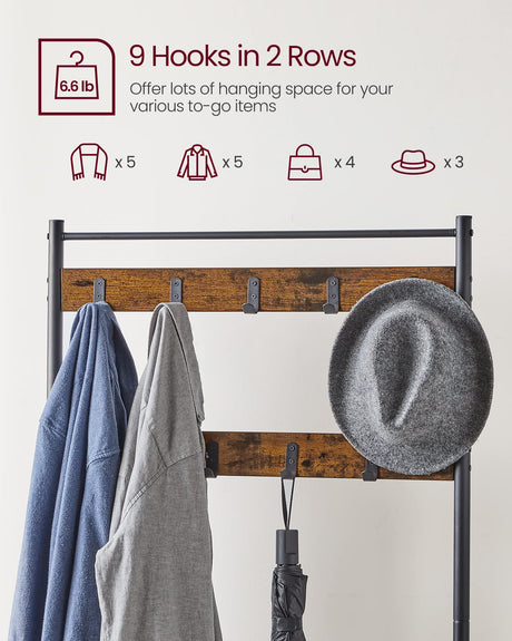 VASAGLE Coat Rack, Hall Tree with Shoe Storage Bench, Entryway Bench with Shoe Storage, 3-in-1, Steel Frame, for Entryway, 12.6 x 27.6 x 69.8 Inches, Industrial, Rustic Brown and Black UHSR41BX VASAGLE