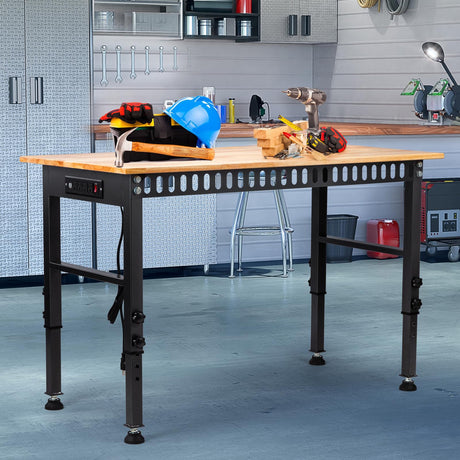 48" Height Adjustable Workbench, 2000 LBS Load Capacity Rubber Wood Top Workstation with Power Outlet and Foot Pads, Heavy-Duty Hardwood Worktable for Garage Workshop (with foot pads and socket,48'') GVGBUK