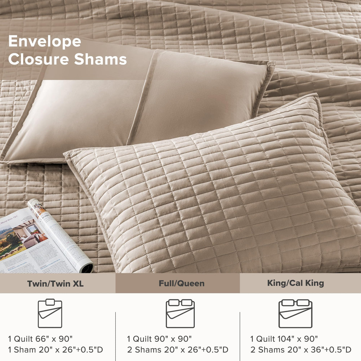 Comfort Spaces Kienna Quilt Set- Double Sided Stitching Design Summer Blanket, Lightweight, Soft, All Season Bedding Layer, Matching Sham, Taupe, Coverlet Full/Queen(90"x90") 3 Piece Comfort Spaces