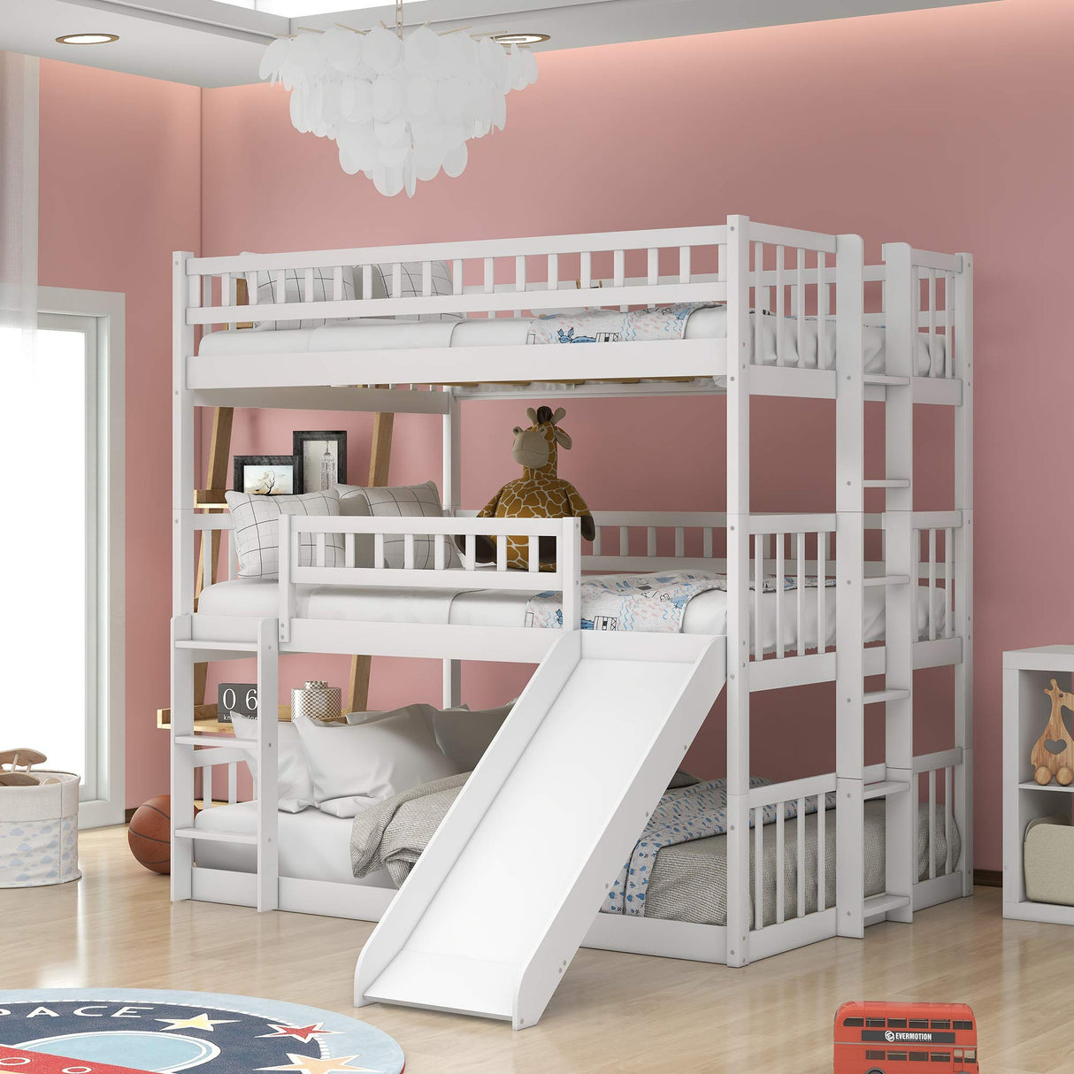 Aiuyesuo Triple Bunk Bed Full-Over-Full-Over-Full Size with Convertible Ladder and Slide for Kids Teens, Solid Wood Triple Bunk Bed with Guardrails for 3, Maximized Space (White-4) Aiuyesuo