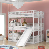 Aiuyesuo Triple Bunk Bed Full-Over-Full-Over-Full Size with Convertible Ladder and Slide for Kids Teens, Solid Wood Triple Bunk Bed with Guardrails for 3, Maximized Space (White-4) Aiuyesuo