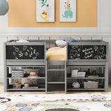 SOFTSEA Twin Size Low Loft Bed with Movable Shelves, Chalkboard, and Guardrail in Grey SOFTSEA