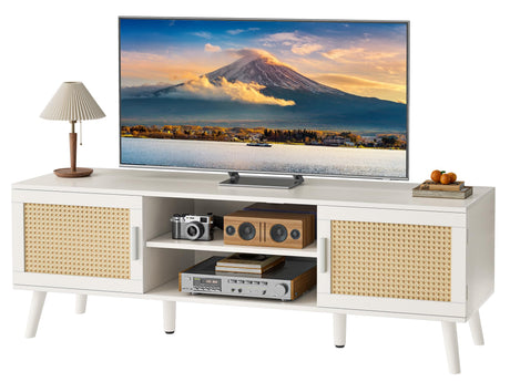 SUPERJARE 65 Inch TV Stand, Entertainment Center with Adjustable Shelf, Rattan TV Console with 2 Cabinets, Media Console, Solid Wood Feet, 4 Cord Holes, for Living Room, White SUPERJARE