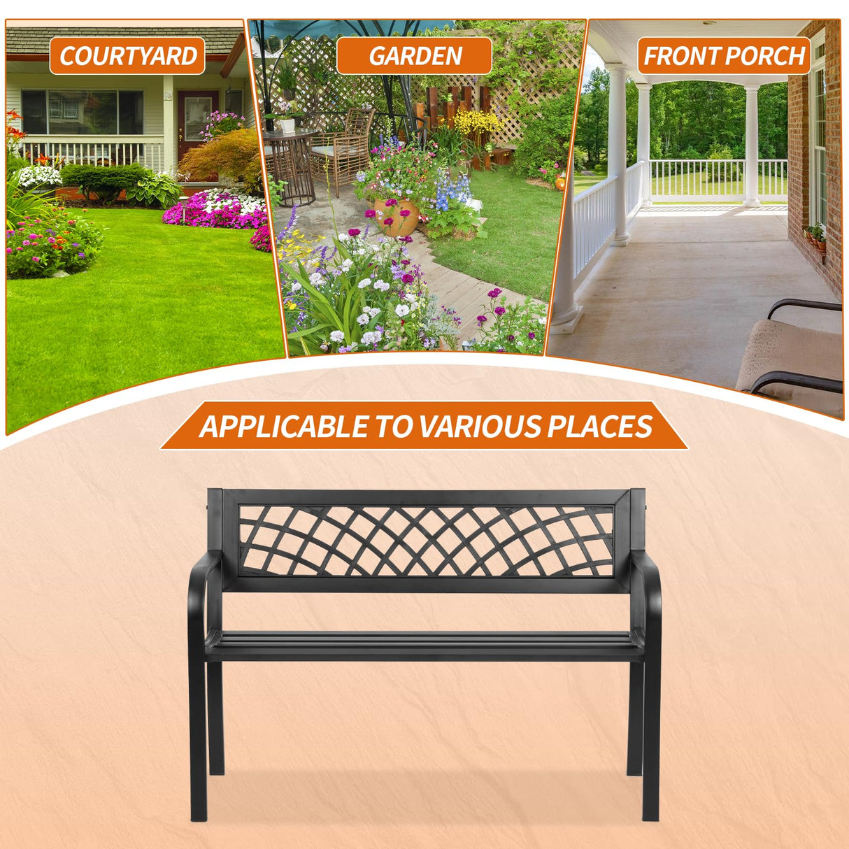 BSTOPHKL Outdoor Bench,Patio Garden Benches,Metal Weatherproof Porch Bench with Grid-Patterned Backrest and Armrest for Park Courtyard Porch,Bearing Capacity 480lbs,Black BSTOPHKL