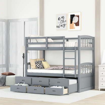 Harper&Bright Designs Twin Over Twin Bunk Bed with Twin Trundle Bed, 3 Storage Drawers, Safety Rail, and Ladder for Bedroom, Guest Room Furniture, Grey