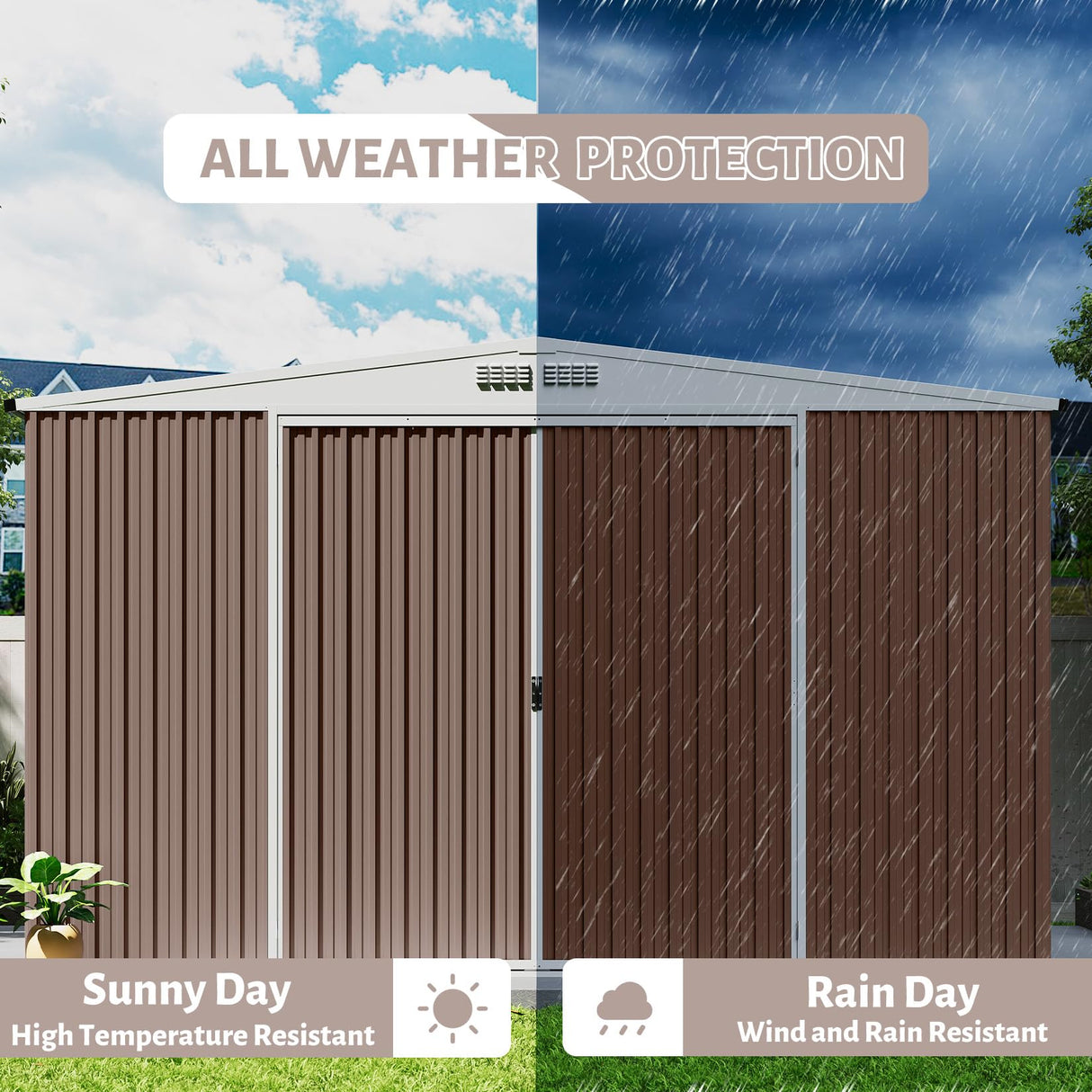 GarveeLife 10x10 Shed for Outdoor Storage, Galvanized Steel Metal Tool Sheds House with Lockable Doors, Lock & Air Vent, Large Utility Sheds for Patio Garden Lawn, Brown GarveeLife