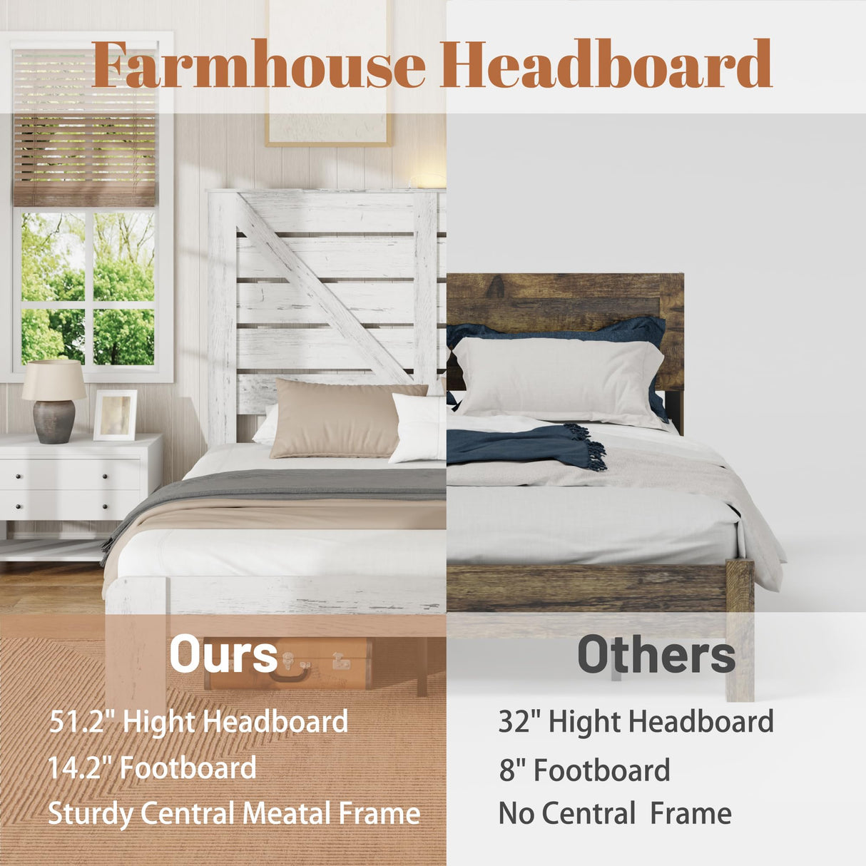 FSTAR King Size Wooden Farmhouse Bed Frame with Headboard, Boho Platform Bedframe with Charging Station & Led Lights, Heavy Duty Metal Slats, Noise Free, No Box Spring Needed, White FSTAR