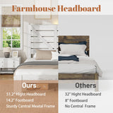 FSTAR King Size Wooden Farmhouse Bed Frame with Headboard, Boho Platform Bedframe with Charging Station & Led Lights, Heavy Duty Metal Slats, Noise Free, No Box Spring Needed, White FSTAR