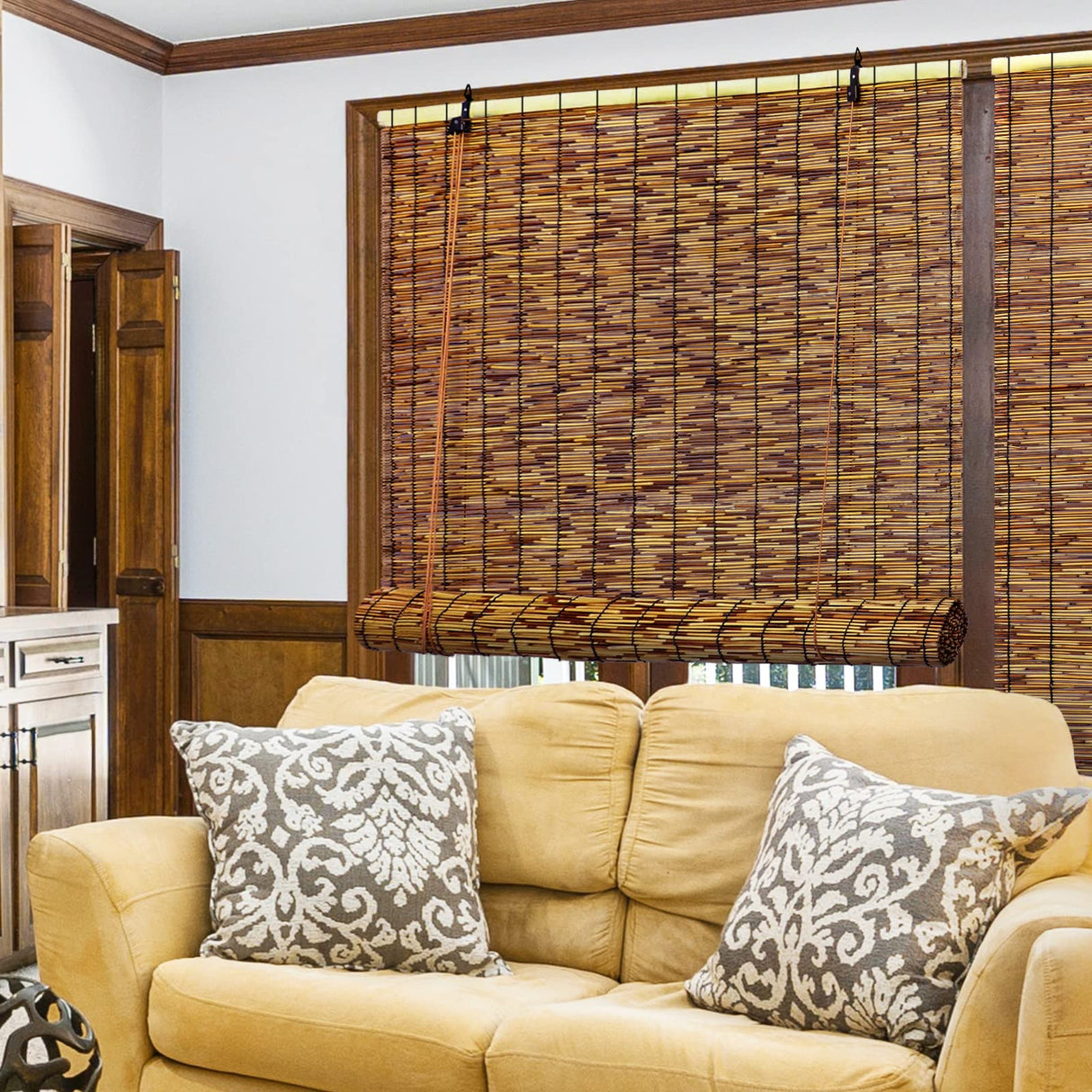 Tgzwme 2 Pack Retro Bamboo Roll-up Reed Shades - 47" W x 71" H Natural Light Filtering Window Blinds Tgzwme