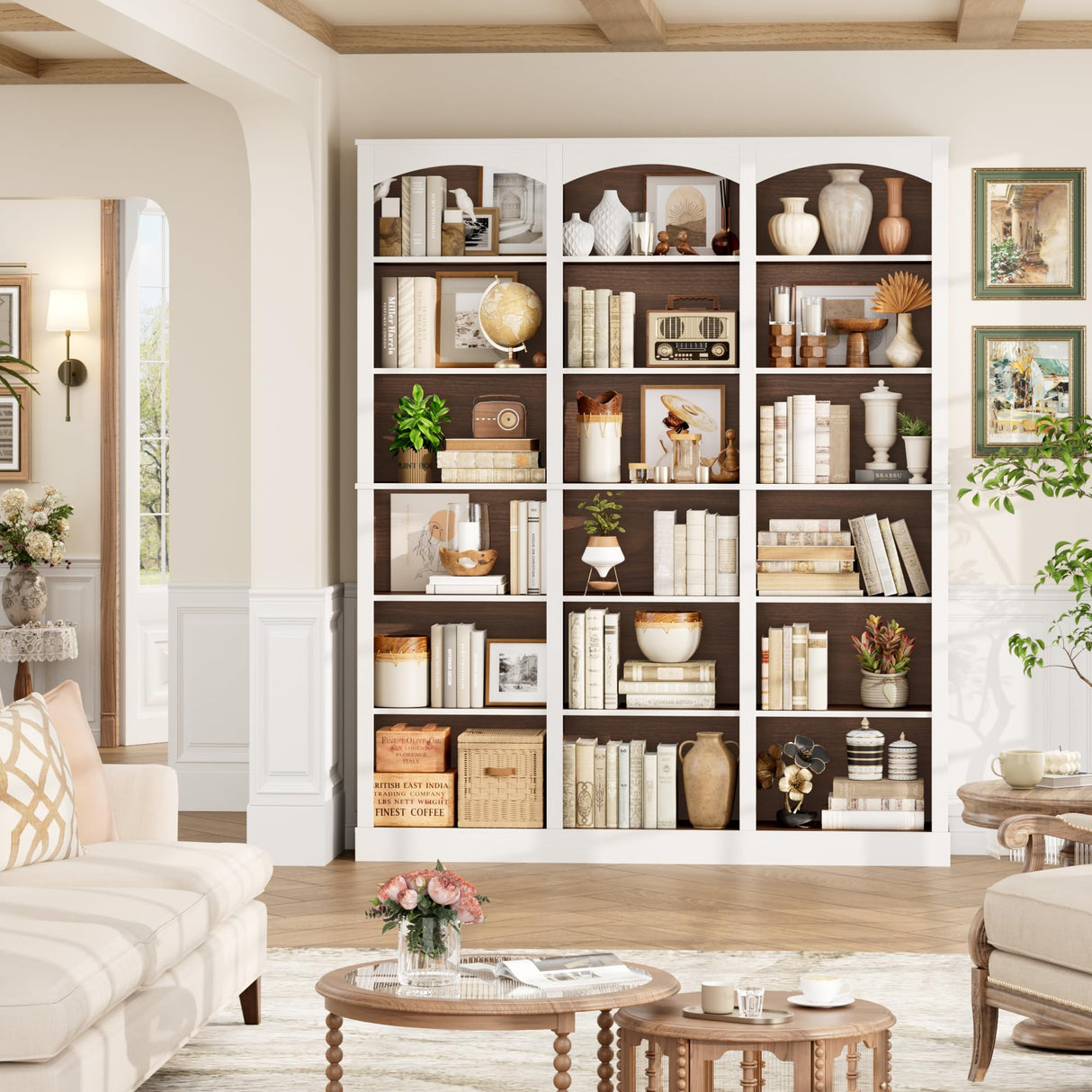 FACBOTALL 71" Triple Wide Bookshelf, 6 Tier Tall Bookshelf, Large Bookcase with Curved Baffle, 63.4" Wide Book Shelf with 18 Open Display Shelves for Living Room, Study, Walnut and White FACBOTALL