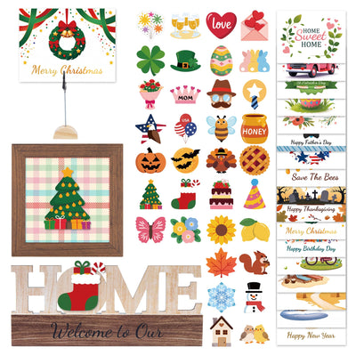 GAGILAND 48 Pcs Christmas Tiered Tray Decor Interchangeable Seasonal Home Decor Wooden Signs 17 Themes Thanksgiving Tiered Tray Decorations Set Year Round Holiday Decoration for Home